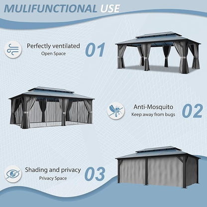 Aoxun 12'x20' Hardtop Gazebo, Aluminum Frame Permanent Pavilion with Curtains and Netting, Outdoor Polycarbonate Double Roof Canopy, Designed for Patio, Garden, Lawns, Gray