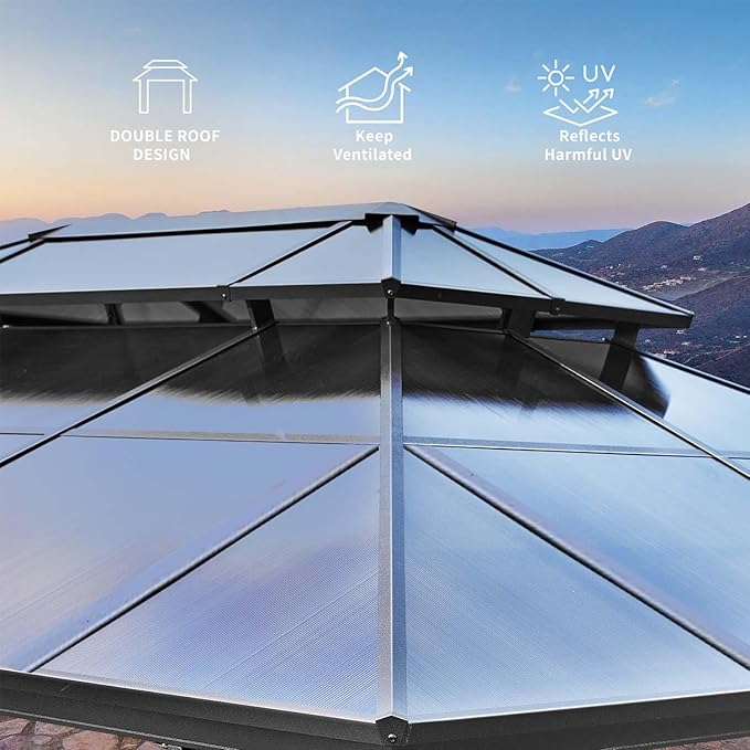 YOLENY 10'x13' Hardtop Gazebo, Outdoor Polycarbonate Double Roof Canopy, Aluminum Frame Permanent Pavilion with Curtains and Netting, Sunshade for Garden, Patio, Lawns
