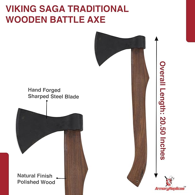 Armory Replicas™ Viking Saga Traditional Wooden Battle Axe Hand-Forged Iron Steel Blade, Rustic Finish, Fully Functional, 20.5” Overall Length Perfect for Camping, Reenactments, and Cosplay