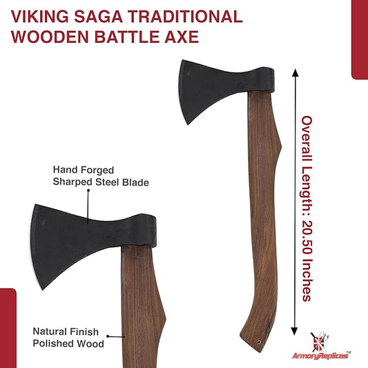 Armory Replicas™ Viking Saga Traditional Wooden Battle Axe Hand-Forged Iron Steel Blade, Rustic Finish, Fully Functional, 20.5” Overall Length Perfect for Camping, Reenactments, and Cosplay
