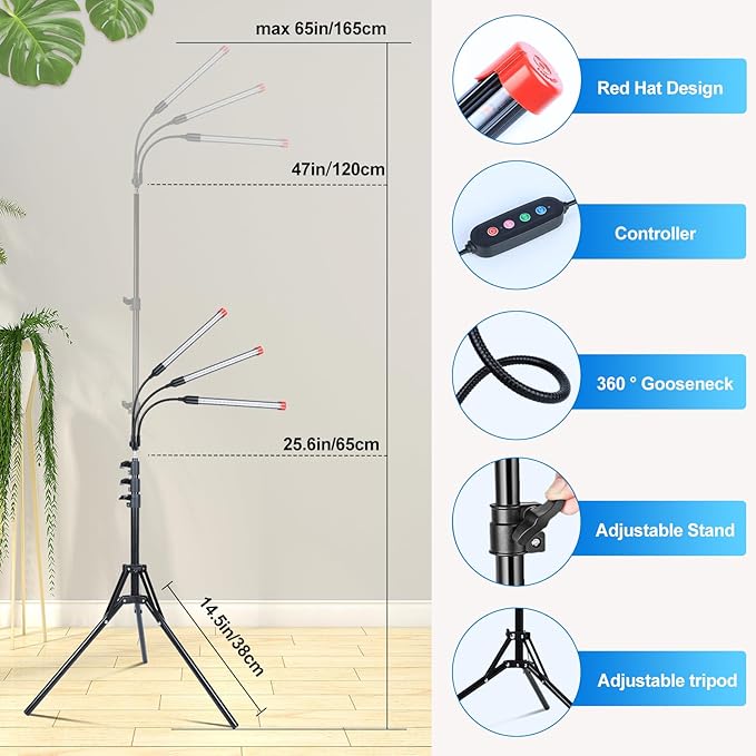 3-Head Grow Light with Stand and Timer, 27 Watt Power Home Plug LED Grow Lights for Indoor Plants for Tall Houseplants, Bonsai Tree, Seed Starting, 24"-64" Adjustable Height