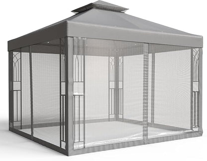 COOS BAY 10x10 Outdoor Patio Gazebo with Netting and Corner Shelves, Two-Tier Soft Top Canopy for Backyard, Lawn, Deck and Garden, Gray