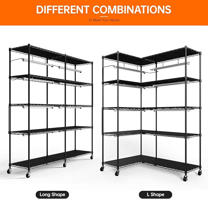 Bstrip 5-Tier Plant Shelf with Grow Light, Large L-Shaped or Long Shape Indoor Plant Stand, 8 Pack 192W T8 Full Spectrum Grow Lights for Indoor Plants & Seed Starting (58L x 13.8W x 59H)