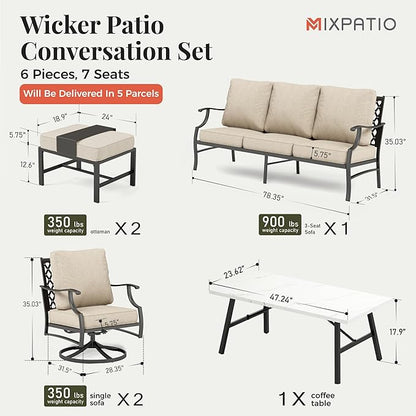 Patio Furniture Set 6 pcs, Outdoor Patio Furniture, 3-Seat Sofa, 2 Swivel Chairs, 2 Ottomans, Coffee Table and 5.75" Extra Thick Cushion, Patio Conversation Set,Beige