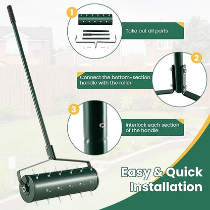 Goplus Rolling Lawn Aerator, 21-Inch Garden Yard Rotary Push Tine Filled Sand Stone, Heavy Duty Spike Soil Aeration w/Metal Handle, Fillable Drum 51" Manual Lawn Aeration Tool Garden Grass Patio Yard