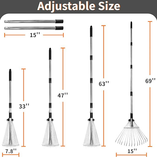Garden Rake for Leaves – Heavy Duty Metal Leaf Rake for Lawns with Adjustable Handle (33"-69") & Expandable Head (8"-15") – Durable for Lawn, Shrub, Garden Beds – Essential Gardening Tools