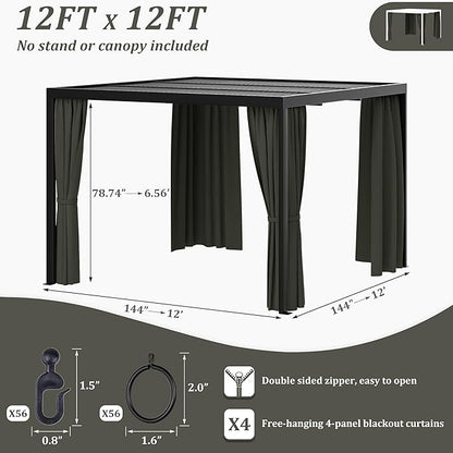 Gazebo Universal Replacement Privacy Curtain,12'×12' Gazebo Outdoor Waterproof Curtains, 4-Panels Sidewall Curtains with Double Zipper for Patio Canopy, Garden and Backyard (Curtain Only)