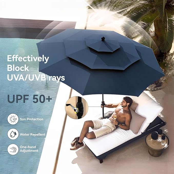 PHI VILLA 5 PCS Outdoor Dining Set with Umbrella for 4, Metal Steel Square Dining Table & Stacking Chais & 3-Tier Round Umbrella, Dining Furniture Set for Patio, Deck, Yard and Porch