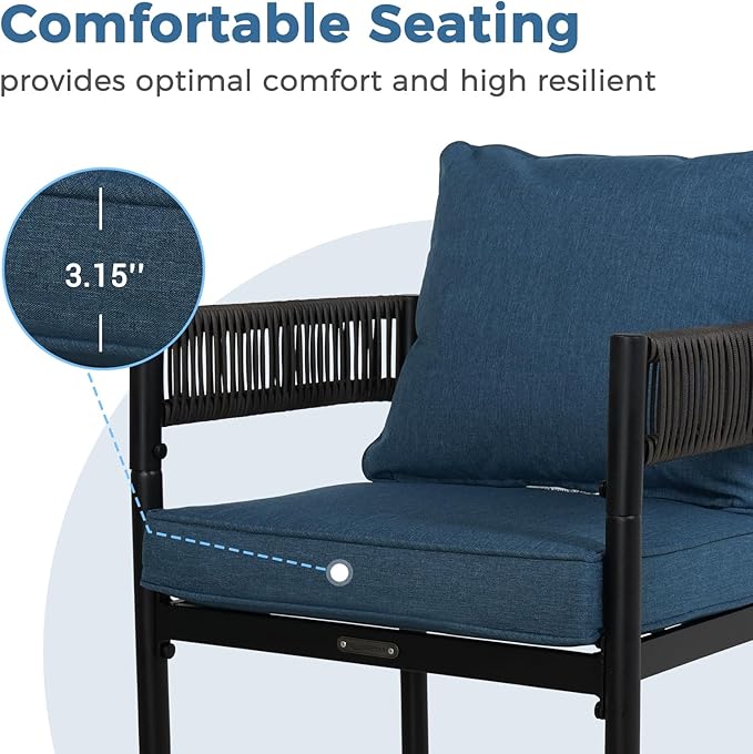Grand patio Outdoor Dining Chairs Set of 4, 4 Pieces Patio Dining Chairs, Metal Woven Wicker Fixed Patio Chairs with Peacock Blue Cushions for Backyard, Deck, Garden, Porch, Lawn and Poolside (Brown)