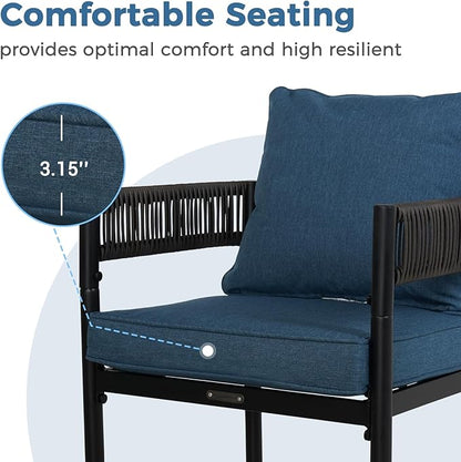 Grand patio Outdoor Dining Chairs Set of 4, 4 Pieces Patio Dining Chairs, Metal Woven Wicker Fixed Patio Chairs with Peacock Blue Cushions for Backyard, Deck, Garden, Porch, Lawn and Poolside (Brown)
