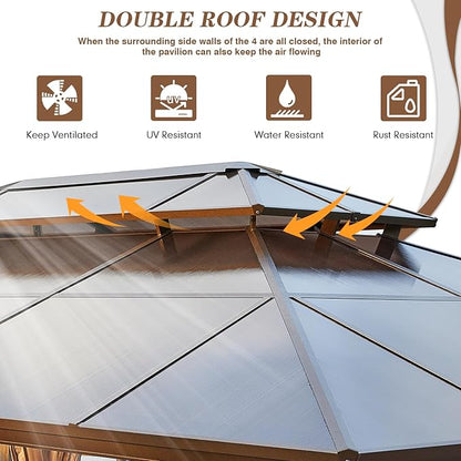 EROMMY 12'x16' Gazebo Polycarbonate Double Roof Pavilion Gazebo Outdoor Aluminum Frame Canopy with Netting and Curtains for Garden Patio Lawns Parties