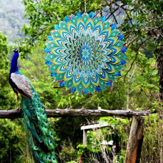 Peacock Wind Spinner,12.1in Green Bird Feather Style Spinner Hanging Ornaments,3D Kinetic Art Garden Sculptures,Sun Catcher Outdoor Metal Large Spinning Yard Decor,Big Craft Decorations for Garden