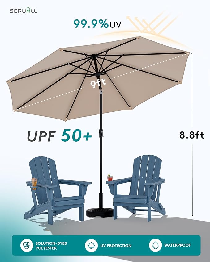 SERWALL Folding Adirondack Chair Set with 9 Ft Umbrella, Adjustable HDPE Adirondack Chair with 3 Recline Positions, Blue (Umbrella Base is not Included)