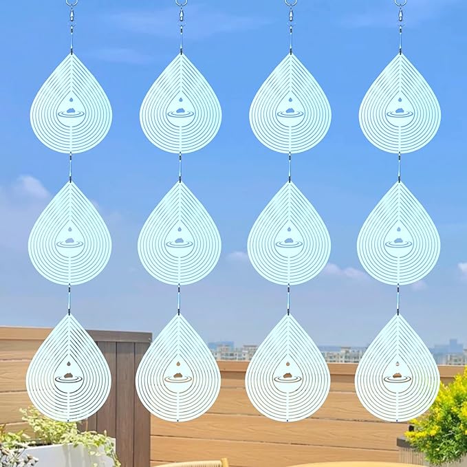 3D Water Drop Pendant Stainless Steel Wind Spinners, Bird Scare Discs with Metal Shiny Highly Reflective Double Sided 360°Rotating, Deterrents to Keep Scare Birds Away from Garden Patio Porches Yard