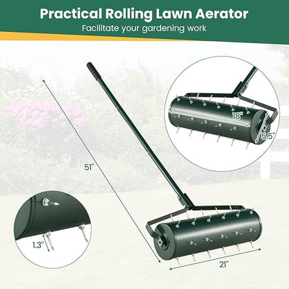 Goplus Rolling Lawn Aerator, 21-Inch Garden Yard Rotary Push Tine Filled Sand Stone, Heavy Duty Spike Soil Aeration w/Metal Handle, Fillable Drum 51" Manual Lawn Aeration Tool Garden Grass Patio Yard