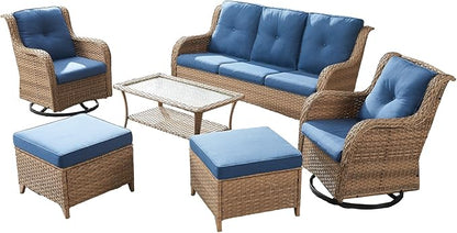 Wicker Outdoor Conversation Set-6 Pieces Outdoor Wicker High Back Couch with Swivel Rocker Chairs Patio Furniture for Deck Poolside Backyard-Yellow/Blue