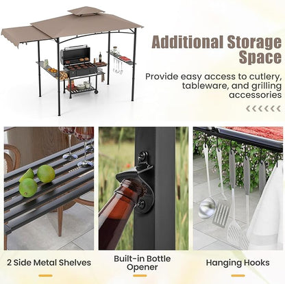HAPPYGRILL Outdoor Grill Gazebo Canopy 11 x 5 FT, Barbecue Canopy with Double-Tiered Top, 2 Side Shelves, Hanging Hooks, Bottle Opener, Metal Frame, BBQ Grilling Shelter