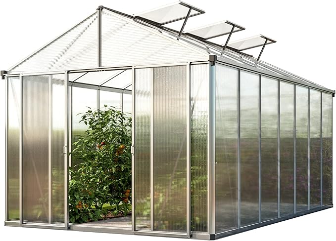 Greenhouse Rubin 7 Aluminum Frame 8.6 x 14.6 ft with Approx. 10 mm Polycarbonate Panels - with 2 Extra Skylights and 2 Automatic Window Openers