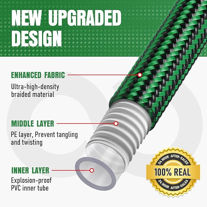 NON-EXPANDABLE 100 ft Garden Hose, Heavy Duty Flexible Water Hose, Kink Resistant Lightweight Hybrid Hose with Durable Fabric Skin, Leakproof Hose Male to Female Fittings