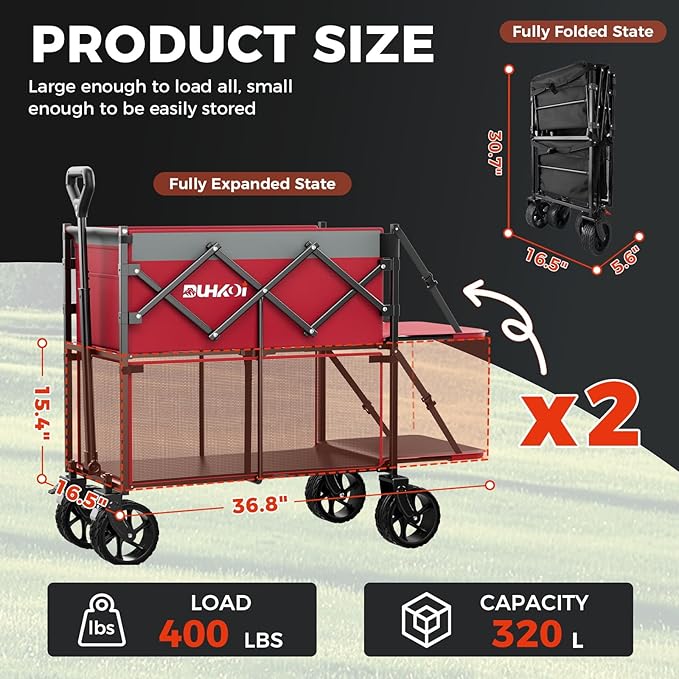 Double Decker Wagon 320L Large Capacity 400LBS Collapsible Sports Utility Cart with Big Wheels,Double Extended Tailgate Heavy Duty Folding Wagon Cart for Groceries,Camping,Outdoor-Rose Pink