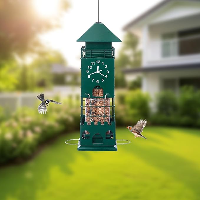 Squirrel Proof Bird Feeders Metal Mesh Anti Squirrels Wild Bird Feeder for Outdoors Hanging Weight Activated Waterproof for Finch Cardinal and Chickadee Easy to Fill, Decor Backyard (Green)