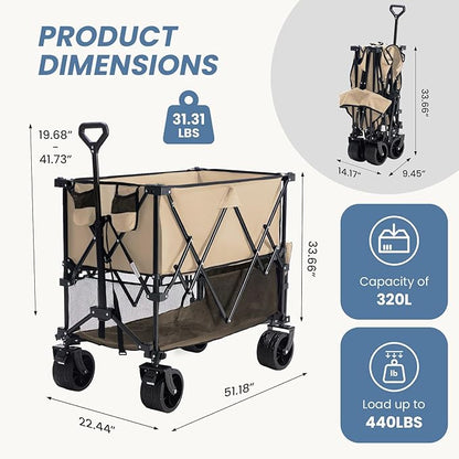 DUMOS Large Capacity Folding Double Decker Wagon with Brakes, 440 lbs Wagons Carts Foldable Wagon Cart with Flexible Handle, All-Terrain Big Wheels for Grocery Sports Garden Camping