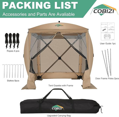 COBIZI 6x6 Pop up Gazebo Tent on Clearance, Ez up Waterproof Screen Tent Screen House with 3 sidewalls,Portable Outdoor Canopy with Carry Bag & Ground Stakes for Camping,Garden and Picnics, Khaki