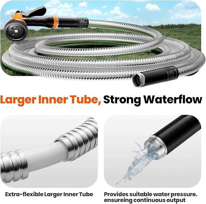 Garden Hose 100 FT - Flexible Metal Hose with 10 Function Nozzle, Kink Free, Lightweight, Durable, Crush Resistant Fitting, Easy to Coil, Puncture Proof Hose for Yard, Rv, 600 PSI - 2025 Model