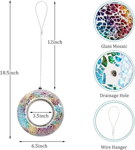 Yinns Mosaic Bird Feeder- Fly Through Glass Bird Feeders for Outside Hanging with Round Shape Glass Container Wild Birdfeeder for Garden Decor, 6.5 Inch Multicolor