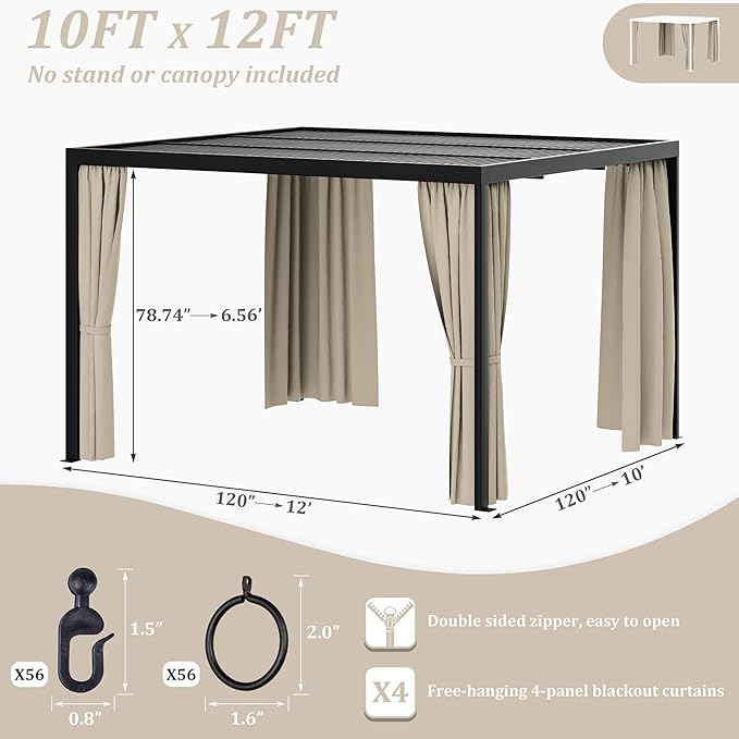 Gazebo Universal Replacement Privacy Curtain,10'×12' Gazebo Outdoor Waterproof Curtains, 4-Panels Sidewall Curtains with Double Zipper for Patio Canopy, Garden and Backyard (Curtain Only)