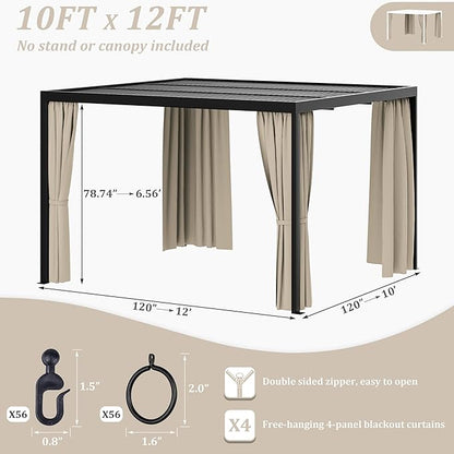 Gazebo Universal Replacement Privacy Curtain,10'×12' Gazebo Outdoor Waterproof Curtains, 4-Panels Sidewall Curtains with Double Zipper for Patio Canopy, Garden and Backyard (Curtain Only)