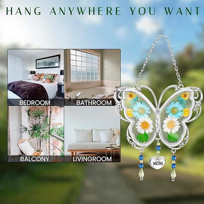 LARAINE Butterfly Suncatcher with Pressed Flower Wings Mother's Day Butterfly Glass Wind Chime Ornament Charm with Metal Heart Gifts for Grandma Aunt Birthday (Mom, Blue)