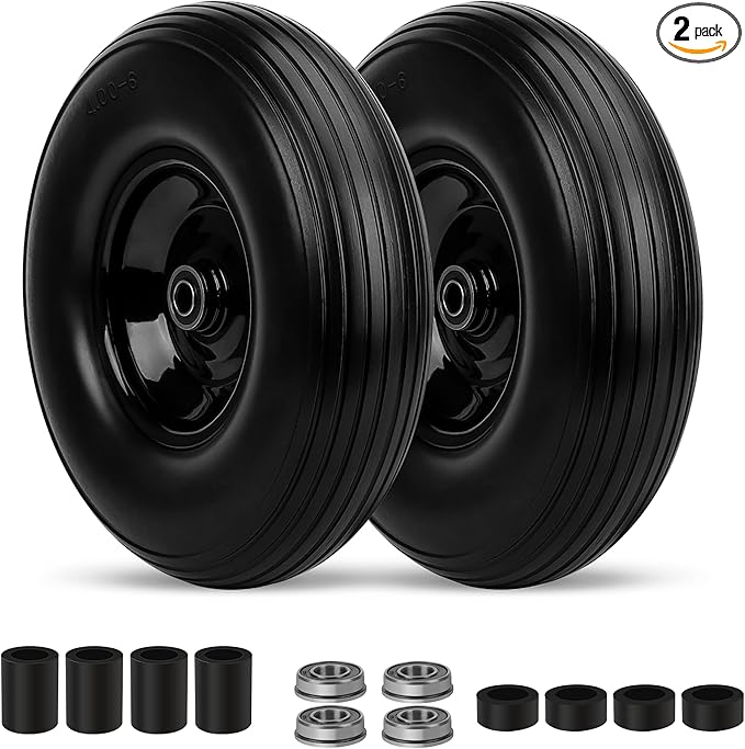 Upgrade 13Inch Wheelbarrow Tires 4.00-6 Flat Free Tire And Wheel with 5/8" & 3/4" Bearings, 1.77"-5.75" Center Hub for Wheelbarrows Garden Wagon Cart Wheel Replacement by NISHCON, 2Pack