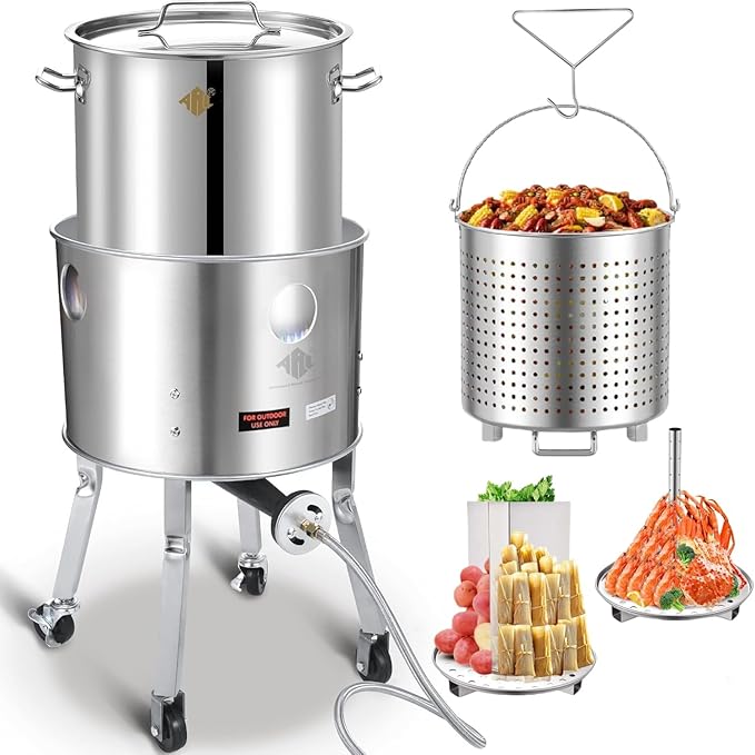 ARC 52QT Stainless Steel Stockpot With 200,000BTU Propane Burner, Seafood Boil Pot and Burner with Basket and Steamer Rack, Cookware for Crawfish Crab Shrimp Lobster Boil, Turkey Fryer, Tamale Steamer