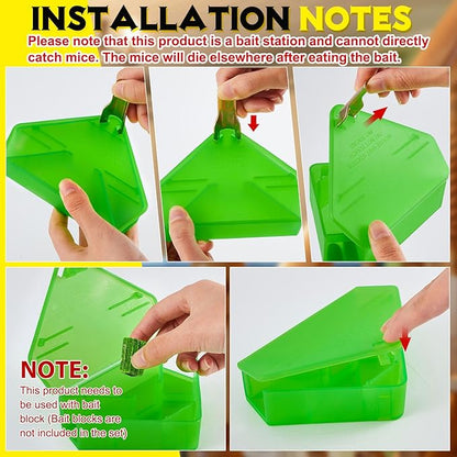 Qualirey 24 Pcs Mice Station with Key Triangle Bait Station Reusable Rodent Trap Bait Box, Keeps Children and Pets Safe Indoor & Outdoor, Bait Not Included, Suitable for Small Mice (Translucent Green)