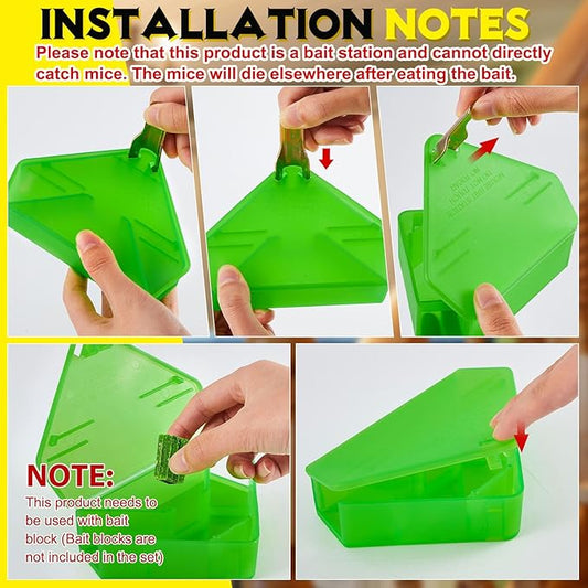 Qualirey 24 Pcs Mice Station with Key Triangle Bait Station Reusable Rodent Trap Bait Box, Keeps Children and Pets Safe Indoor & Outdoor, Bait Not Included, Suitable for Small Mice (Translucent Green)