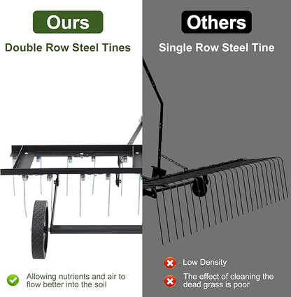Tow Behind Aerator, 40 inch Lawn Pull Dethatcher with 20 Spring Steel Tines and Lift Handle for Outdoor Yard Care, Lawn Sweeper to Remove Thatch, Leaves and Pine Needles, Black