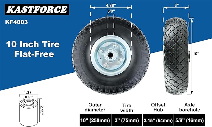 KF4003 Twin Pack 10-Inch Solid Rubber Tire Wheels Replacement 3.00-4 Tires Wheels Flat Free with 5/8" Bearings 2.15" Offset Hub Perfect for Hand Truck Wheelbarrow Garden Cart Non-Flat
