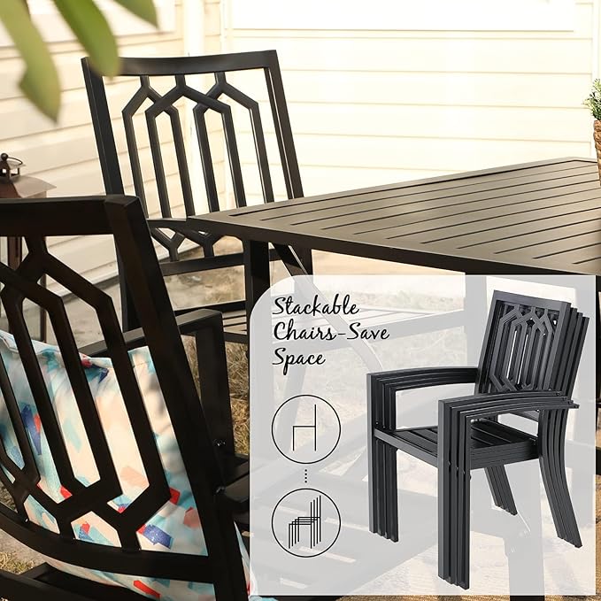 PHI VILLA Patio Dining Set 5 pcs with Umbrella(Navy Blue),1 Square Metal Table& 4 Metal Outdoor Stackable Chairs and 1 10ft 3 Tier Auto-tilt Umbrella (Base Not Included)