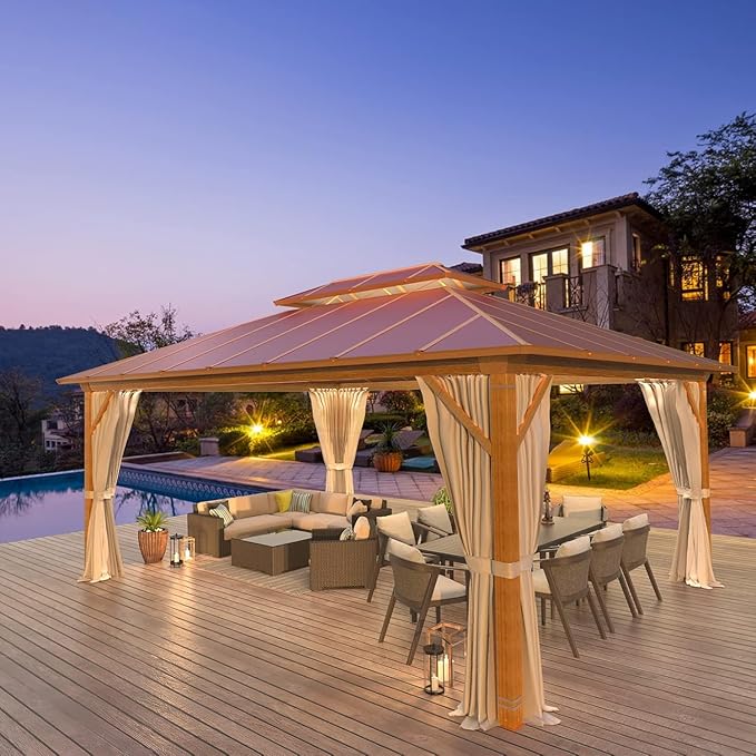 MELLCOM 12' x 16' Hardtop Gazebo, Wooden Finish Coated Aluminum Frame Outdoor Gazebos with Aluminum Double Roof, Claret Metal Gazebo with Curtains and Nettings for Patios, Gardens, Lawns