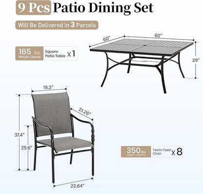 Patio Table and Chairs Set of 8, All-Weather Breathable Textilene Patio Chair with Gourd-Shaped Armrests, 60x60 Square Table with Umbrella Hole, 9 Pcs Metal Frame Patio Dining Set