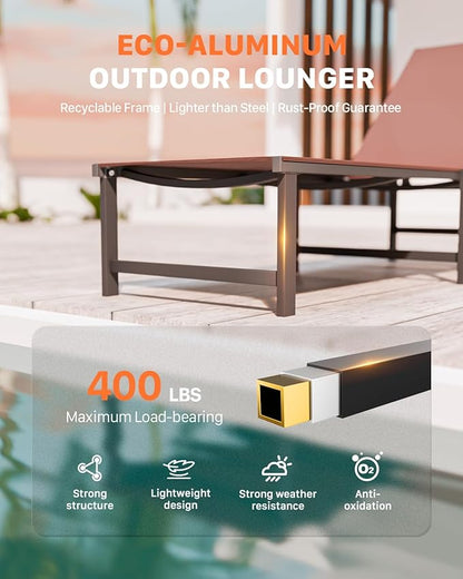 Chaise Lounge Chair Outdoor, Aluminum PatioChairs with 5 Adjustable Backrest and HeadrestPillows for Outside Beach，Brown