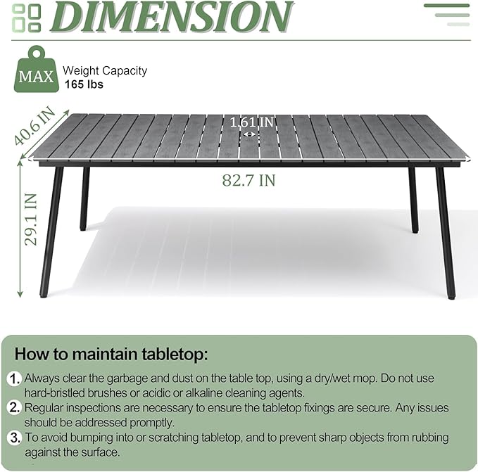Outdoor Dining Table for 6-8, 82.7 inch Patio Dining Table with Wooden-Like Top and Aluminum Frame, Rectangular Table with Umbrella Hole Outdoor Furniture, Grey