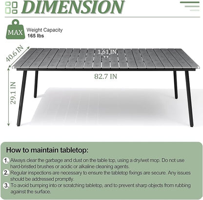 Outdoor Dining Table for 6-8, 82.7 inch Patio Dining Table with Wooden-Like Top and Aluminum Frame, Rectangular Table with Umbrella Hole Outdoor Furniture, Grey