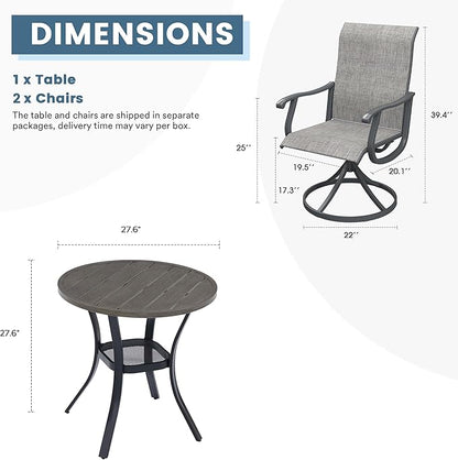 DIFY 3 Pieces Outdoor Patio Bistro Dining Set, 2 Grey Textilene Swivel Dining Chairs and 27.6" Grey Wood-Like Small Round Dining Table, Outdoor Table and Chairs