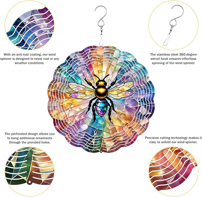 Bee Wind Spinner, 3D Hanging Stainless Steel Garden Spinner, Wind Spinner Hanging for Outdoor & Indoor Décor, Unique Gifts for Yard Garden Decoration or Patio Décor (Bee)