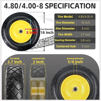 4.80/4.00-8 Solid Wheelbarrow Tire and Wheel 16" Flat-Free Tire with 3" Centered Hub 5/8" & 3/4" Bearings Fits Garden Cart, Hand Truck, Wagon,Trolleys and Trailers