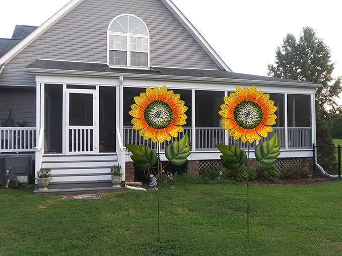 Outdoor Metal Sunflower Stakes, 40 Inch Height, 13 Inch Flower Head, Garden Decor, Set of 2