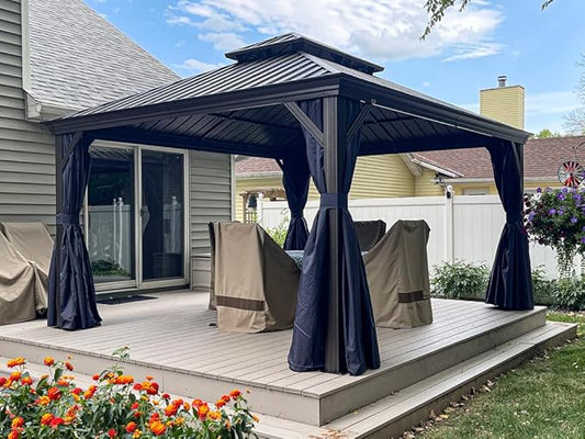 PURPLE LEAF 10' X 14' Hardtop Gazebo Pavilion for Outdoor with Netting and Curtains Deck Backyard Heavy Duty Sunshade Large Metal Patio Permanent Canopy