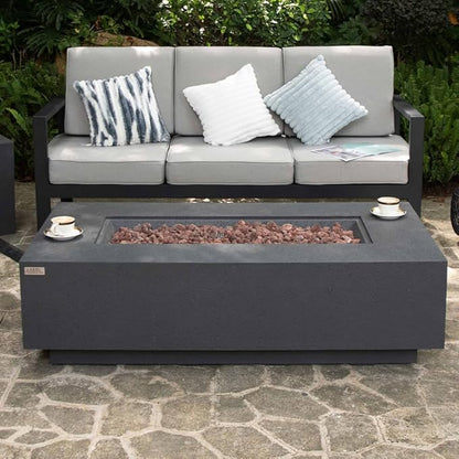 AMS Creations | Madison 60" Rectangular Propane Gas Outdoor Fire Pit Table | Dark Gray Concrete GFRC | Limestone Texture or Surface | Electronic Ignition | Outside Backyard Fireplace